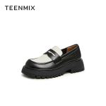 天美意（TEENMIX） 春乐福鞋简约复古便士鞋女皮单鞋AG006AM3 黑色/米 37
