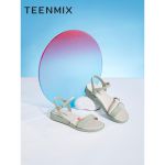 天美意（TEENMIX） 夏甜美珍珠草莓一字带女皮凉鞋CC853BL2 米色 39