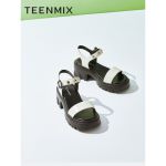 天美意（TEENMIX） 夏厚底粗跟一字带高跟女皮凉鞋CK704BL2 黑色 38