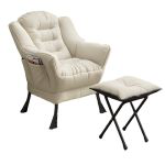 洛港 白色透气棉麻+脚凳懒人沙发单人沙发椅卧室阳台靠背小沙发 450*500*850