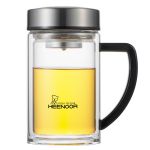 希诺（HEENOOR） 双层玻璃杯 耐热防烫带把带手柄商务办公玻璃水杯 男女士带盖茶杯 XN-9321(435ml）
