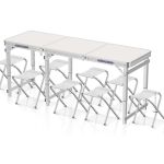 洛港 1.8m方管白色+8布凳1.8米铝合金折叠桌户外折叠桌折叠椅便携式 1800*600*700