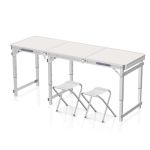 洛港 1.8m方管白色+2布凳1.8米铝合金折叠桌户外折叠桌折叠椅便携式 1800*600*700
