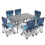 洛港 大号树叶蓝-长桌+6椅户外桌椅折叠便携式露营装备轻铝合金桌子 950*550*530