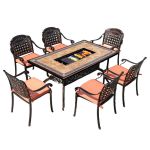 洛港 正格6椅+150cm橙色瓷砖烤桌户外电烧烤铸铝铁艺室外休闲桌椅组合 1500*900*730