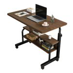 洛港 经典双层款带轮拉丝黑橡木写字桌可移动升降电脑桌 600*400*690